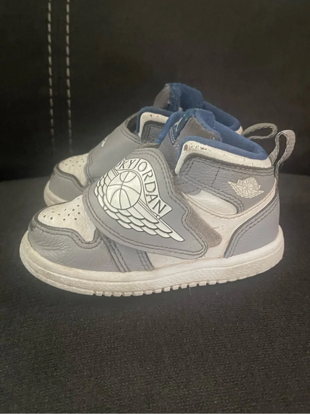 Jordan Kids Gray White and Navy High-Top Sneakers